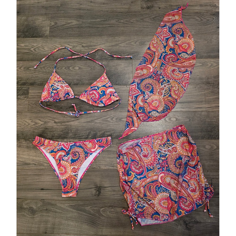 Women's sz M 4 Piece Paisley Bikini‎ Set Pink Blue Orange Halter Skirt Scarf